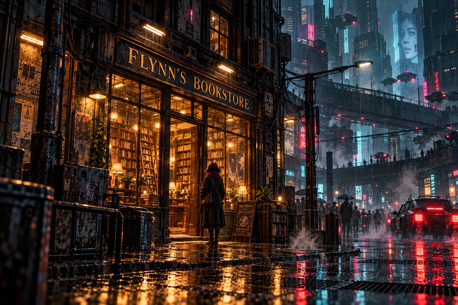 Flynn’s Bookstore at night: an amber-lit shopfront with an open doorway and shelves of books, a lone reader at the threshold, on a rain-soaked street in a neon-lit futuristic city.